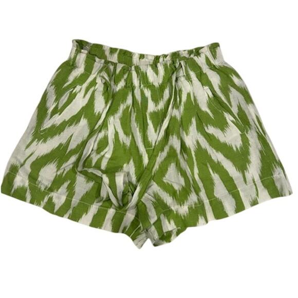 ANTHROPOLOGIE Green White Linen Blend Ikat Paperbag Shorts Women's Size SMALL - Picture 1 of 10